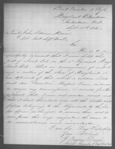 Jacob's Resignation from the 2nd Maryland Volunteers